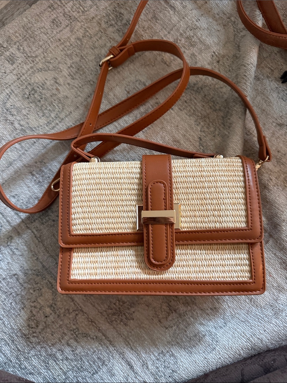 Brown leather and grass yarn summer purse